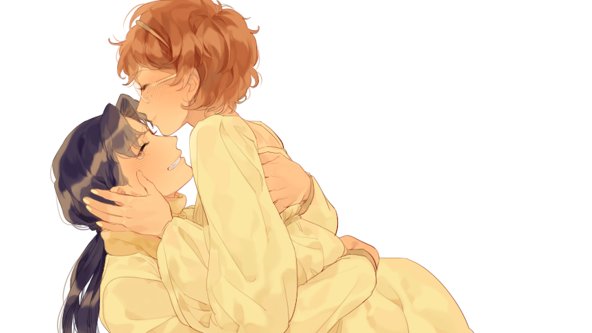 1boy 1girl black_hair brown_hair closed_mouth couple dress eyelashes formal_clothes freckles from_side genderswap genderswap_(mtf) glasses grin hairband hetero hug inadera_rantarou long_hair long_sleeves low_ponytail ponytail profile rakudai_ninja_rantarou rimless_eyewear sachiko_(suzume_0141) settsuno_kirimaru simple_background smile suit tears upper_body white_background white_dress