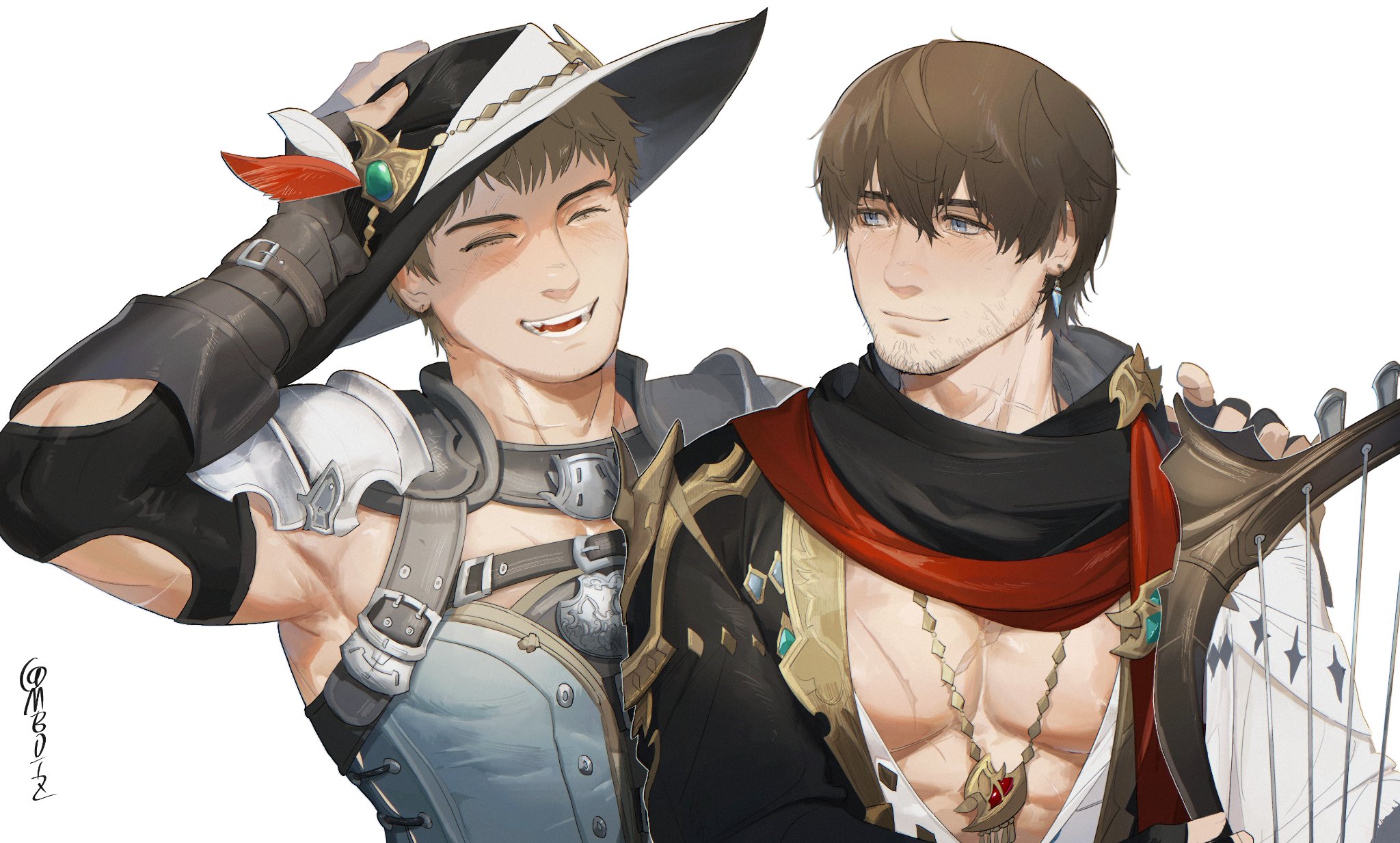 2boys adventurer_(ff14) archer_(final_fantasy) armor bard_(final_fantasy) black_gloves blue_eyes brown_hair closed_eyes closed_mouth earrings facial_hair feather_hair_ornament feathers final_fantasy final_fantasy_xiv gloves hair_ornament harp hat highres holding holding_instrument hyur instrument jewelry large_pectorals looking_at_another male_focus mbdtz multiple_boys muscular muscular_male necklace open_mouth pauldrons pectorals scar scar_on_chest short_hair shoulder_armor smile stubble upper_body warrior_of_light_(ff14)