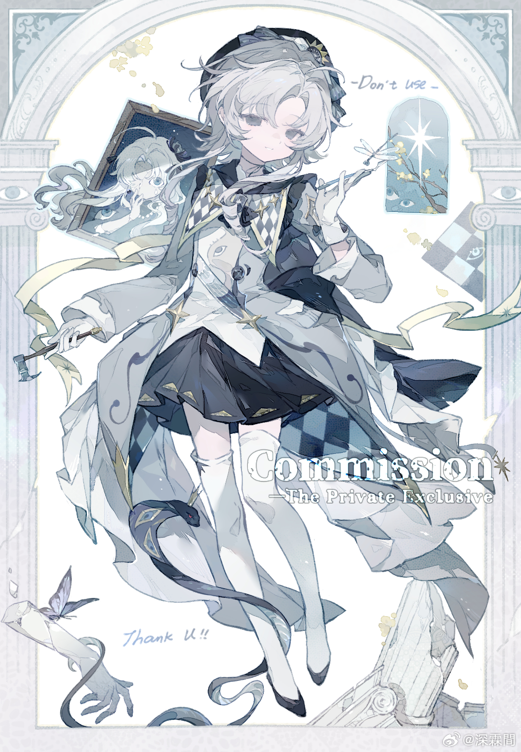 1girl gloves highres koiliblikas long_sleeves original parted_bangs picture_frame pleated_skirt ribbon skirt statue stone_pillar watermark white_hair