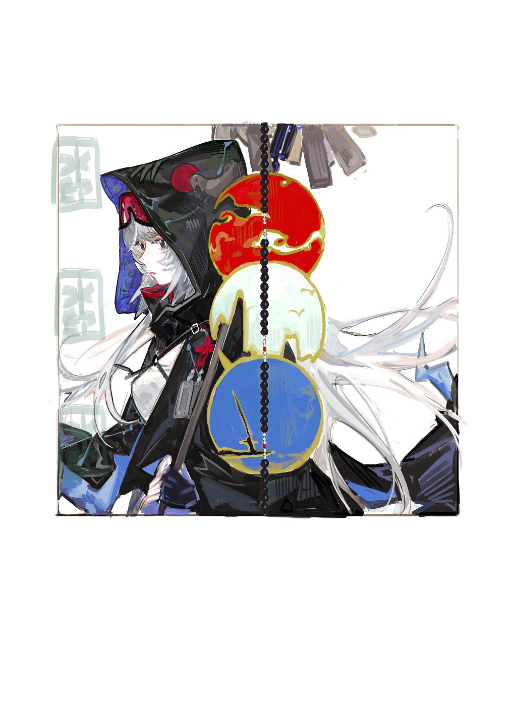 1girl black_coat black_gloves blue_eyes breasts character_request closed_mouth coat commentary_request fingerless_gloves framed from_side gloves goggles goggles_on_head grey_hair highres holding hood hood_up jacket lips long_hair looking_away open_clothes open_jacket pipidan red_goggles simple_background solo upper_body very_long_hair white_background