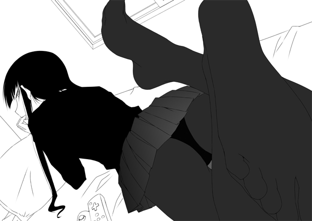 1girl black_pantyhose feet female_focus female_protagonist_(houkago_play) foot_focus galore game_console greyscale houkago_play monochrome nintendo panties panties_under_pantyhose pantyhose pantyshot solo underwear upskirt wii