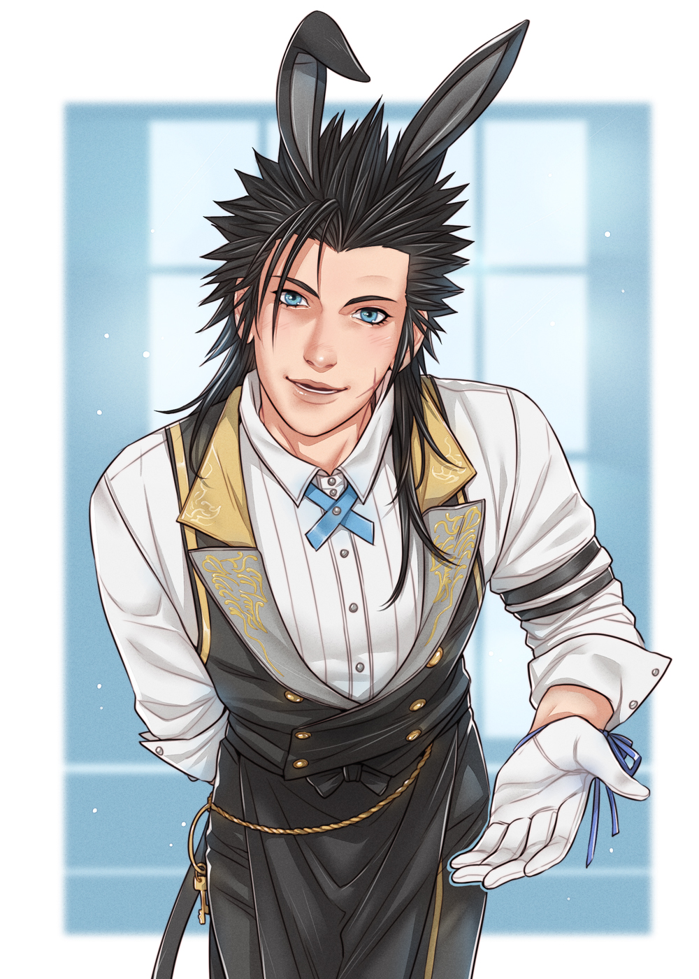 1boy animal_ears arm_behind_back black_hair black_pants black_vest blue_eyes blue_ribbon border butler commentary cowboy_shot cross_scar crylin6 english_commentary facial_scar final_fantasy final_fantasy_vii final_fantasy_vii_ever_crisis gloves highres key leaning_forward male_focus official_alternate_costume open_hand outside_border pants parted_lips rabbit_ears ribbon scar scar_on_cheek scar_on_face shirt solo spiked_hair vest white_border white_gloves white_shirt window wrist_ribbon zack_fair zack_fair_(bunny_butler)