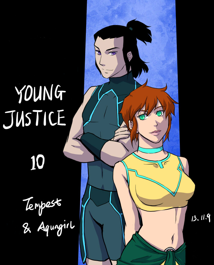 10s 1boy 1girl 2013 aqua_eyes aquagirl aquaman_(series) black_hair character_name crossed_arms dc_comics garth midriff purple_eyes riyan short_hair tempest tula young_justice:_invasion
