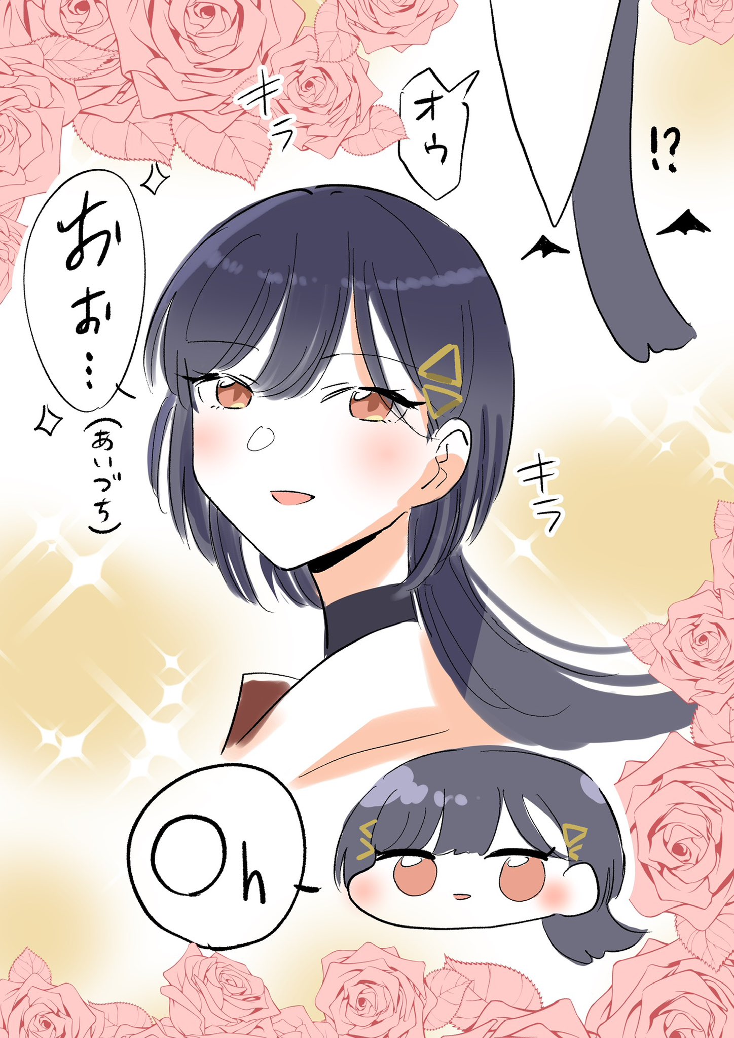 !? 1girl :d bishie_sparkle black_hair brown_dress chibi chibi_inset commentary_request cropped_shoulders dress erako9 floral_background flower hair_ornament hasu_no_sora_school_uniform highres katsuragi_izumi link!_like!_love_live! long_hair looking_at_viewer love_live! multiple_views open_mouth orange_eyes pink_flower pink_rose rose rose_background sailor_collar sailor_dress school_uniform smile sparkle speech_bubble translation_request triangle_hair_ornament virtual_youtuber white_sailor_collar winter_uniform wolf_cut yellow_background