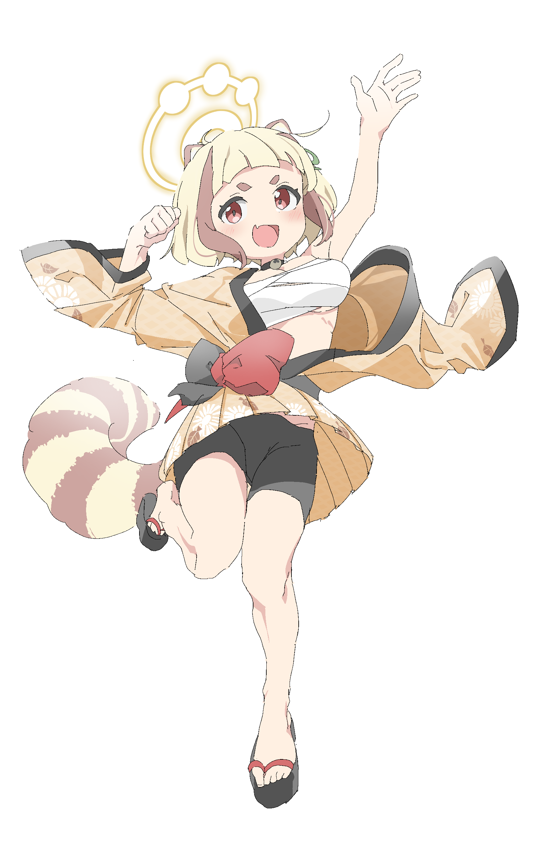 1girl :d absurdres ahoge animal_ears arata_(blue_archive) arms_up bell bike_shorts_under_skirt black_choker black_shorts blonde_hair blue_archive blunt_bangs blush breasts brown_hair chest_sarashi choker clenched_hand commentary_request fang full_body fuyubone groin halo highres japanese_clothes jingle_bell kimono leaf_print long_sleeves midriff multicolored_hair neck_bell okobo open_clothes open_kimono open_mouth platform_sandals pleated_skirt print_kimono print_skirt raccoon_ears raccoon_girl raccoon_tail red_eyes sandals sarashi short_hair shorts sidelocks simple_background skin_fang skirt smile solo standing standing_on_one_leg tail two-tone_hair v-shaped_eyebrows white_background wide_sleeves yellow_halo yellow_kimono yellow_skirt