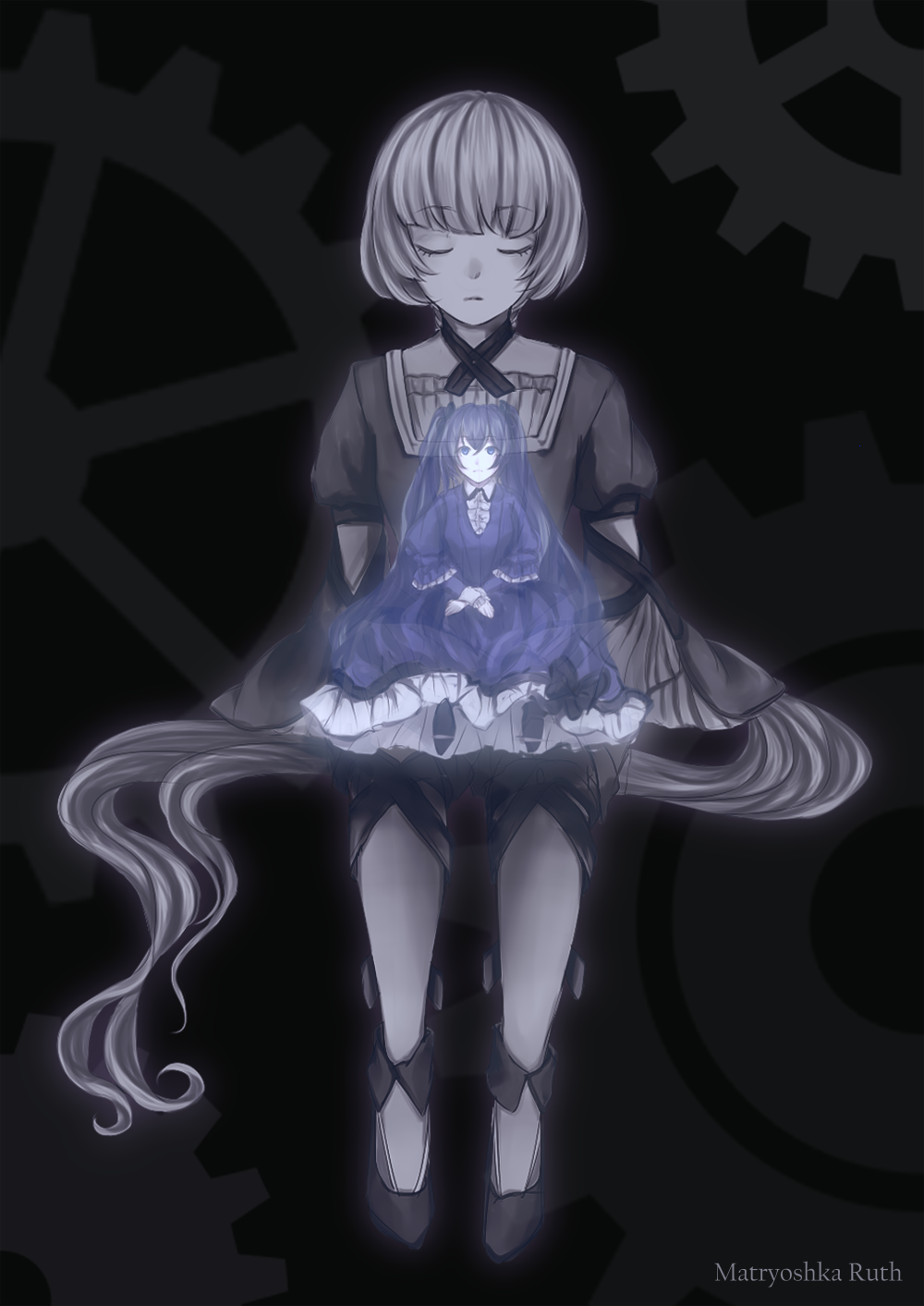 2girls artist_name blue_dress blue_hair choker clockworker&#039;s_doll crossed_arms doll dress evillious_nendaiki frilled_dress frills gears hatsune_miku highres houtei_no_nushi irina_clockworker long_hair master_of_the_heavenly_yard_(vocaloid) matryoshka-ruth monochrome multiple_girls nekomura_iroha pale_skin ponytail rooomi sitting spectral spoilers transparent twintails very_long_hair vessel_of_sin vocaloid