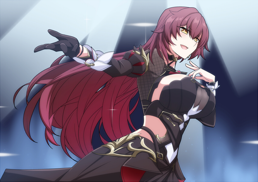 1girl black_choker black_dress breasts brown_hair choker cleavage clothing_cutout dress eden_(honkai_impact) gloves honkai_(series) honkai_impact_3rd large_breasts long_hair long_sleeves nabeiro_kin open_mouth outstretched_arm single_glove smile solo upper_body yellow_eyes