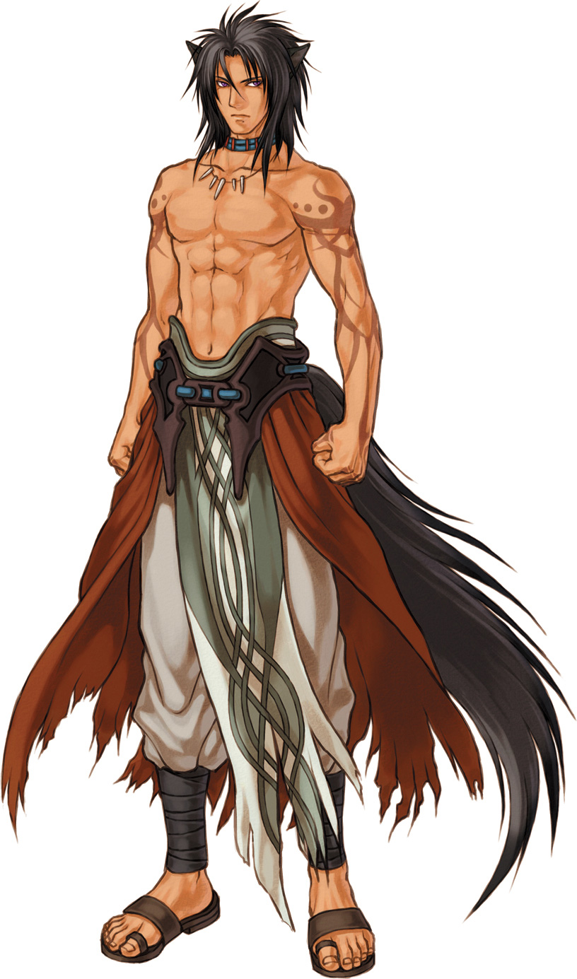 1boy abs animal_ears brown_hair dark-skinned_male dark_skin fire_emblem fire_emblem:_radiant_dawn highres kita_senri male_focus nintendo purple_eyes simple_background solo tail tattoo topless_male volug_(fire_emblem) white_background wolf_ears wolf_tail