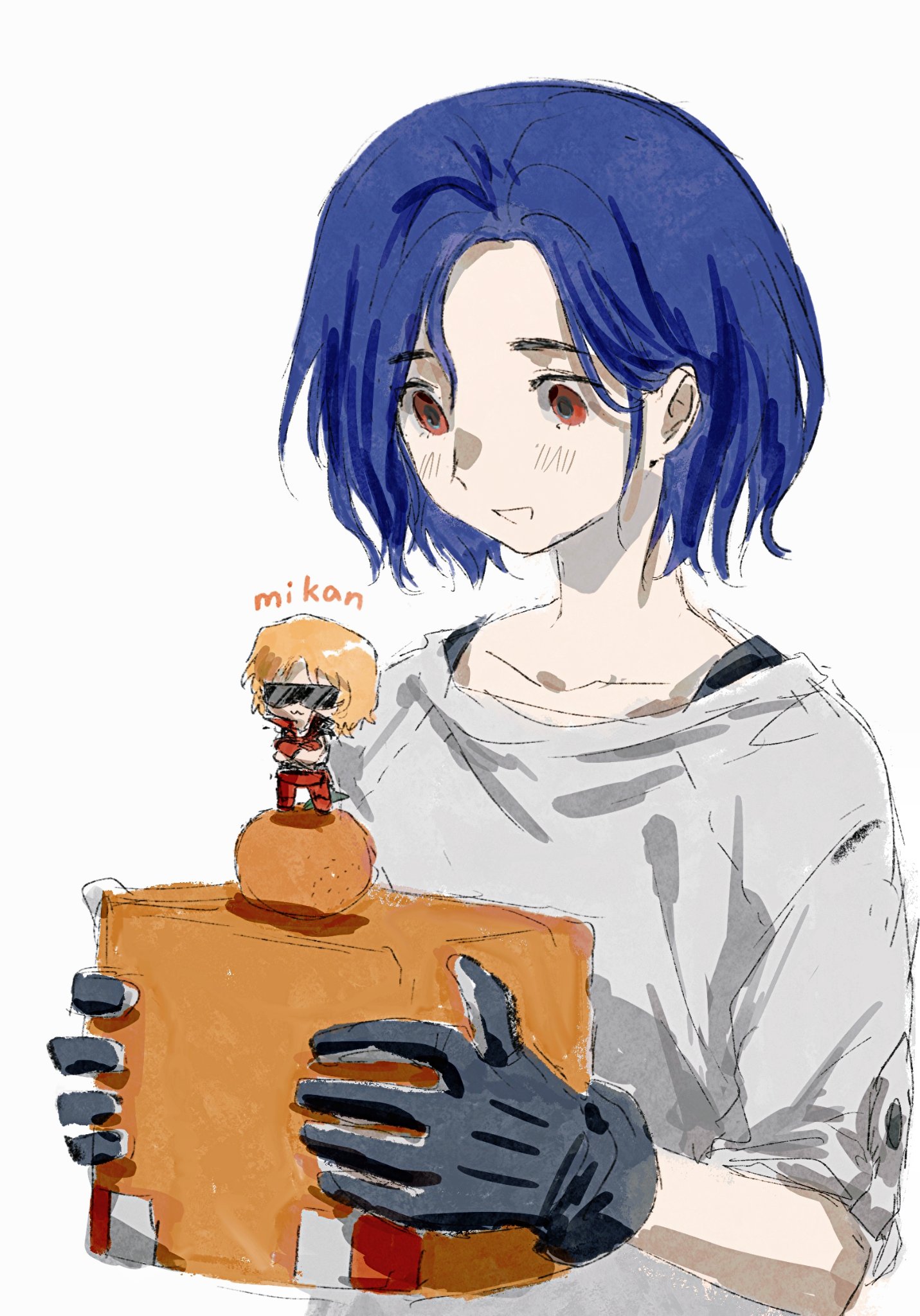 2boys blonde_hair blue_hair blush char_aznable commentary_request food fruit gloves gundam gundam_gquuuuuux highres male_focus mandarin_orange mini_person miniboy multiple_boys muluo0128 non-humanoid_robot open_mouth quattro_bajeena red_eyes robot shirt short_hair shuji_ito simple_background smile sunglasses upper_body white_background white_shirt zeta_gundam