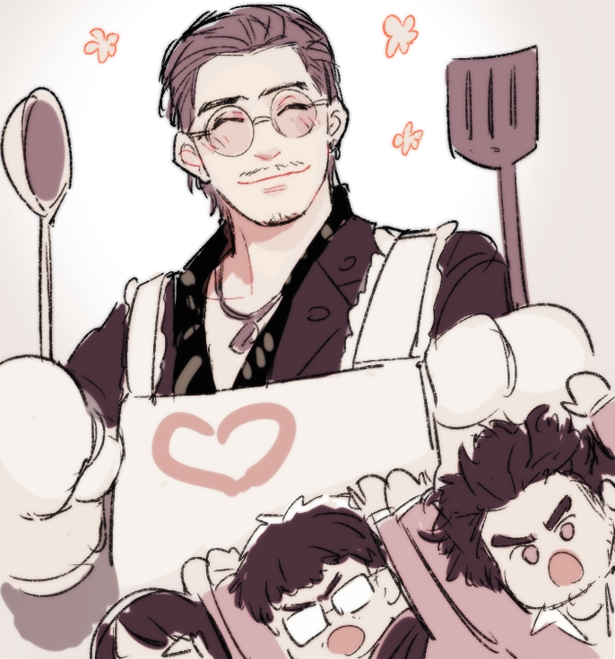 &gt;_&lt; 1girl 3boys :o ^_^ apron arms_up beard chibi cho_(chorion) closed_eyes collared_shirt earrings facial_hair glasses greyscale hands_up holding holding_ladle holding_spatula jacket jewelry kasuga_ichiban ladle monochrome mukoda_saeko multiple_boys mustache nanba_yu necklace oven_mitts round_eyewear ryuu_ga_gotoku_(series) ryuu_ga_gotoku_7 shirt short_hair spatula sunglasses v-shaped_eyebrows zhao_tianyou