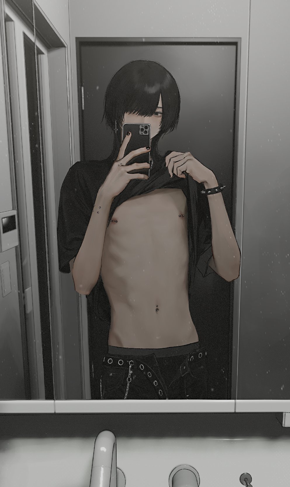 1boy arm_piercing black_eyes black_hair black_nails black_pants black_shirt bracelet chain clothes_lift cross cross_earrings door earrings fingernails hair_over_one_eye highres hirota_tsuu holding holding_phone indoors jewelry looking_at_phone male_focus medium_hair mirror mirror_selfie navel_piercing nipple_piercing nipples original pants parted_bangs phone piercing reflection reflection_focus selfie shirt shirt_lift short_sleeves solo studded_bracelet upper_body wolf_cut