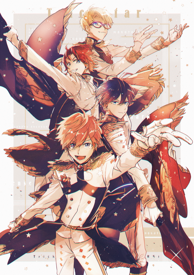 4boys akehoshi_subaru arm_up ayano_(katou) black_hair blonde_hair commentary ensemble_stars! glasses gloves hair_between_eyes hidaka_hokuto isara_mao long_sleeves looking_at_viewer multiple_boys official_alternate_costume open_mouth orange_hair outstretched_arm pants red_eyes short_hair smile symbol-only_commentary trickstar_(ensemble_stars!) white_gloves white_pants yuuki_makoto_(ensemble_stars!)