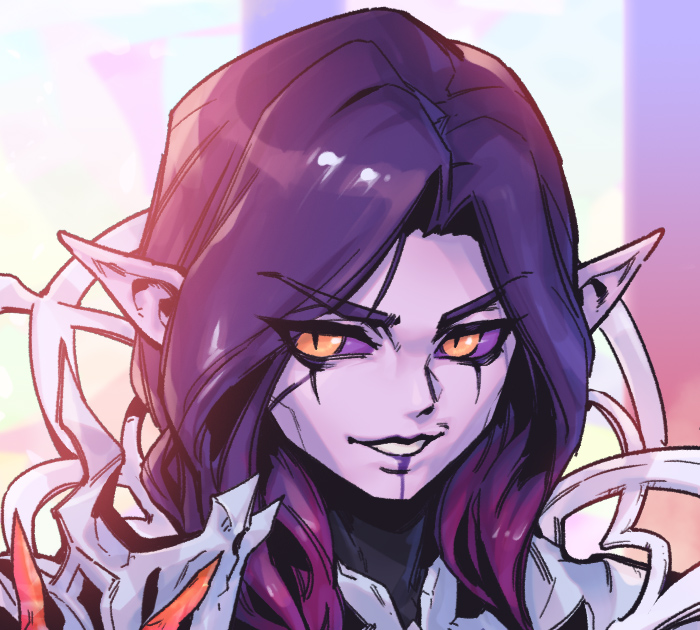 1boy backlighting black_bodysuit bodysuit broken_covenant_vladimir colored_sclera league_of_legends long_hair male_focus multicolored_background orange_eyes phantom_ix_row pink_sclera pointy_ears portrait purple_hair slit_pupils solo vladimir_(league_of_legends)