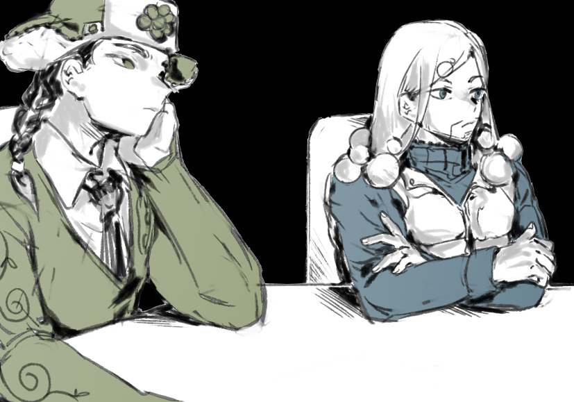 2boys black_background bomber_hat braid crossed_arms facial_hair head_rest higashikata_norisuke_iv jojo_no_kimyou_na_bouken jojolion long_hair male_focus mamezuku_rai multiple_boys necktie sitting table twin_braids vest xiaorong