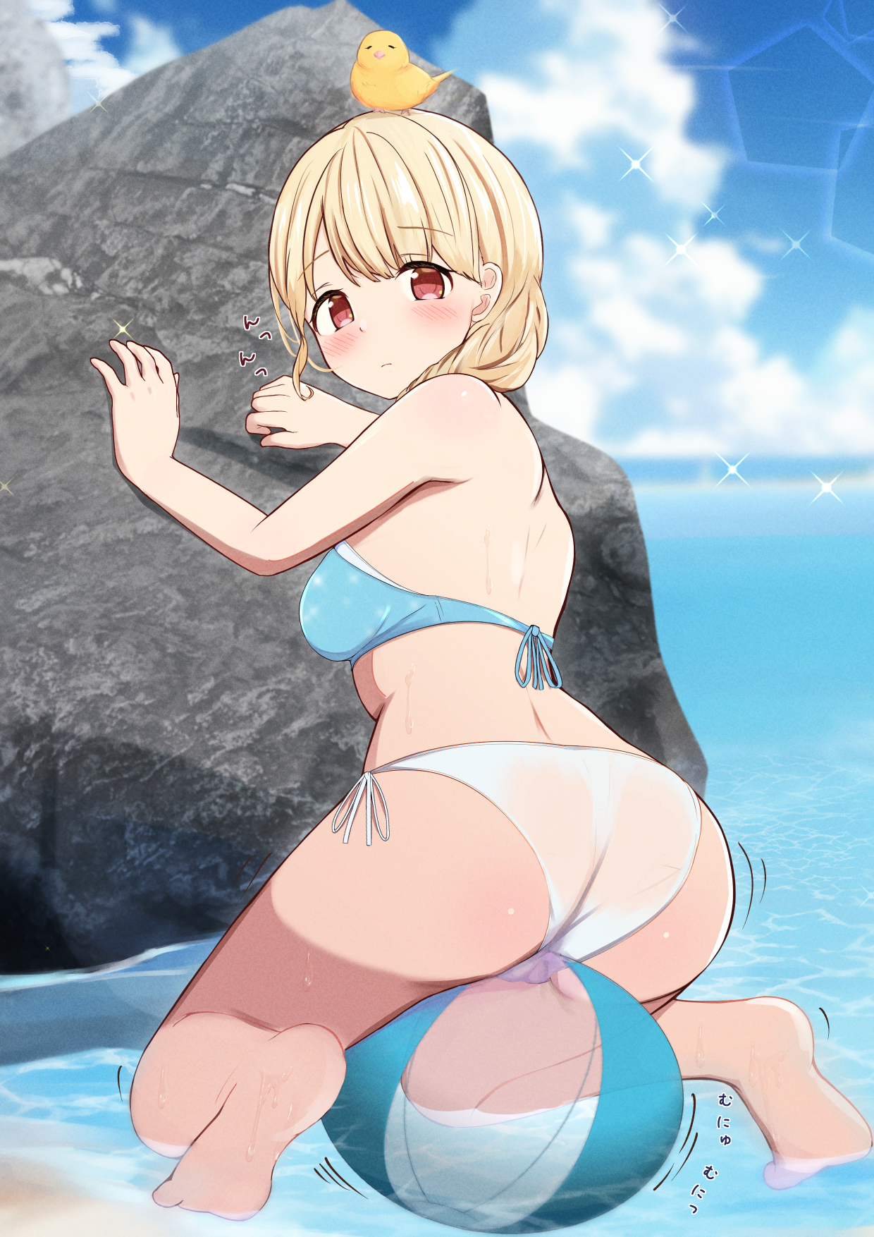 1girl ass ball barefoot beachball blonde_hair breasts feet from_behind highres kogara_toto kogara_toto_(summer_c102) legs looking_at_viewer lupinus_virtual_games medium_breasts miramira1908 red_eyes rock soles solo toes virtual_youtuber vspo! water