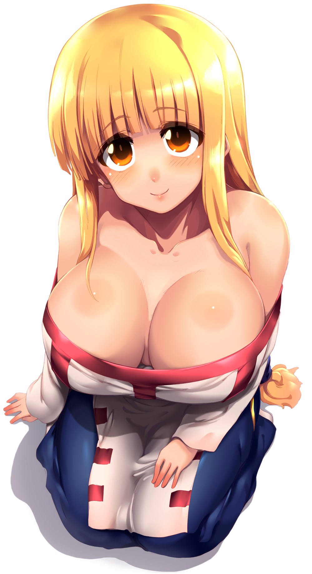 1girl arc_the_lad arc_the_lad_ii bare_shoulders blonde_hair blush braid breasts brown_eyes cleavage closed_mouth collarbone downblouse dress highres large_breasts lieza_(arc_the_lad) long_hair looking_at_viewer low-tied_long_hair no_bra simple_background single_braid smile solo tokyo_(great_akuta) very_long_hair white_background