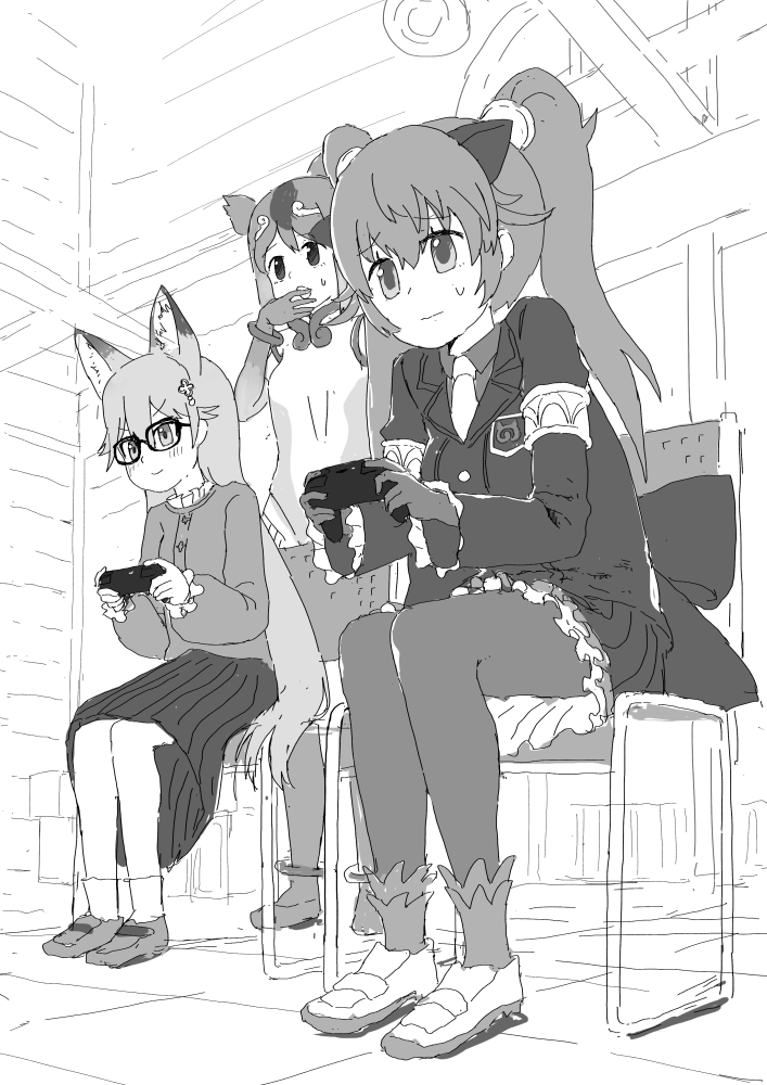 animal_ears back_bow black_hair blush bow casual chair circlet collared_shirt controller dragon_girl dragon_tail extra_ears ezo_red_fox_(kemono_friends) fox_ears fox_girl fox_tail game_controller golden_snub-nosed_monkey_(kemono_friends) greyscale jacket japari_symbol kemono_friends kemono_friends_3 leotard long_hair long_sleeves monkey_ears monkey_girl monkey_tail monochrome necktie official_alternate_costume pantyhose pleated_skirt seiryuu_(kemono_friends) shirt short_hair sitting skirt socks sweatdrop tail twintails yumeumi_sousaku