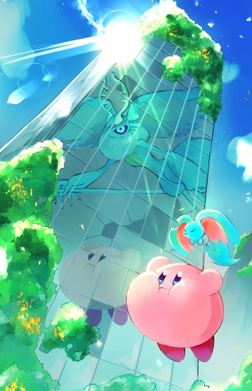 animal_ears antlers blue_eyes blue_fur boru_yama building claws closed_eyes closed_mouth commentary different_reflection elfilin english_commentary fecto_elfilis flying highres holding holding_staff horns kirby kirby_(series) kirby_and_the_forgotten_land light_rays moss mouse_ears multicolored_eyes nintendo no_humans no_mouth notched_ear outdoors puffy_cheeks reflection sky skyscraper staff sun sun_glare sunbeam sunlight tail wing_ears yellow_fur
