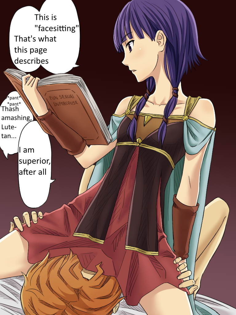 1boy 1girl artur_(fire_emblem) bare_shoulders book couple cunnilingus dress english_text fire_emblem fire_emblem:_the_sacred_stones flat_chest girl_on_top hard-translated hetero low_twintails lute_(fire_emblem) na_lu naaru nintendo open_book oral orange_hair purple_dress purple_eyes purple_hair ranguage reading short_hair sitting sitting_on_face sitting_on_person spread_legs straddling third-party_edit translated twintails