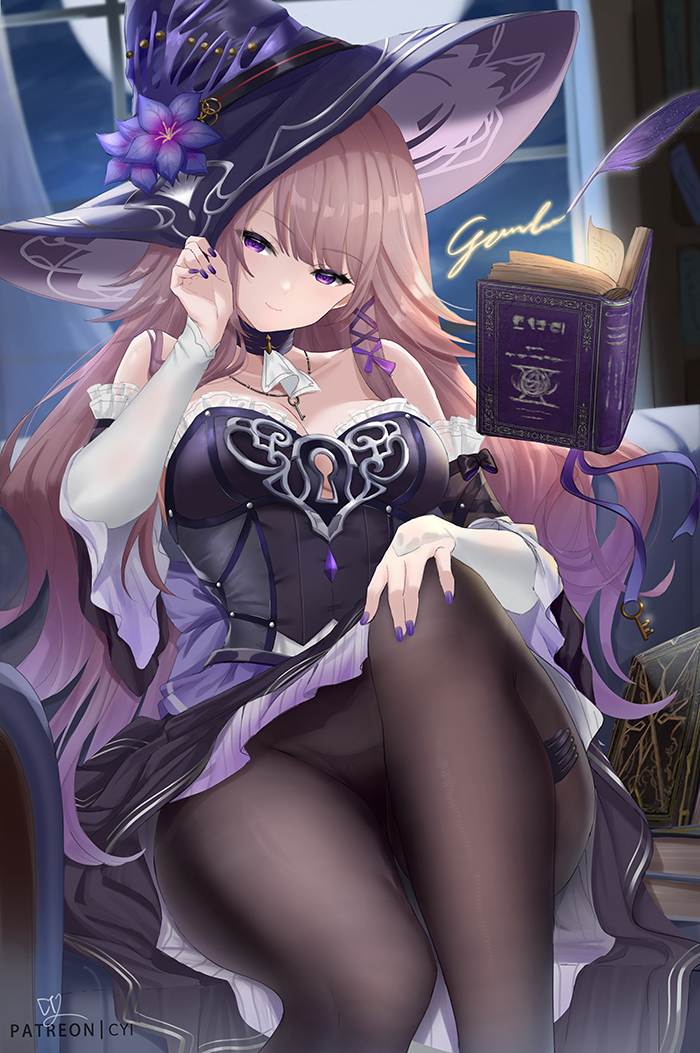 1girl alternate_breast_size artist_name ascot bare_shoulders bilingual_commentary black_dress black_panties black_pantyhose black_sleeves book breasts brown_hair closed_mouth commentary couch cyicheng detached_sleeves dress english_commentary flower gradient_hair grimoire hand_on_own_hat hand_on_own_knee hat hat_flower herta_(honkai:_star_rail) honkai:_star_rail honkai_(series) indoors jewelry key key_necklace large_breasts long_hair looking_at_viewer mixed-language_commentary multicolored_hair nail_polish necklace night night_sky on_couch open_book paid_reward_available panties panties_under_pantyhose pantyhose purple_eyes purple_flower purple_hair purple_hat purple_nails sitting sky smile solo the_herta_(honkai:_star_rail) underwear very_long_hair white_ascot witch_hat