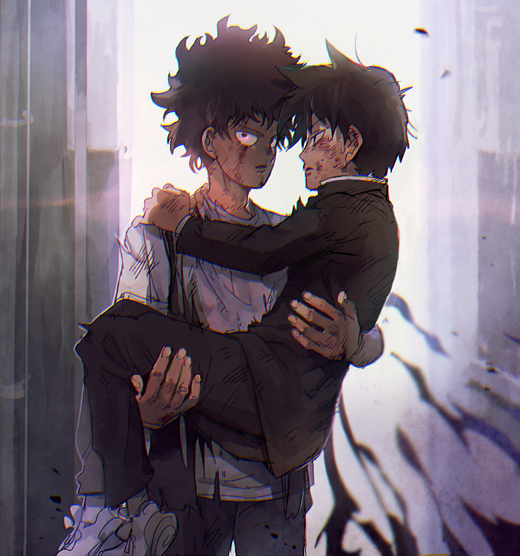 2boys alley aoki_(fumomo) bare_arms black_eyes black_hair black_jacket black_pants blood blue_pants brothers carrying casual collared_jacket commentary_request cowboy_shot darkness day denim dirty dirty_clothes dirty_face fingernails frown full_body gakuran hand_on_another&#039;s_shoulder high_collar injury jacket jeans kageyama_ritsu kageyama_shigeo layered_sleeves long_sleeves looking_at_another looking_at_viewer male_focus messy_hair mob_psycho_100 multiple_boys outdoors pants parted_lips princess_carry rescue school_uniform shirt shoes short_hair short_sleeves siblings sneakers socks spiked_hair standing t-shirt torn_clothes torn_shirt undershirt white_shirt white_shoes white_socks