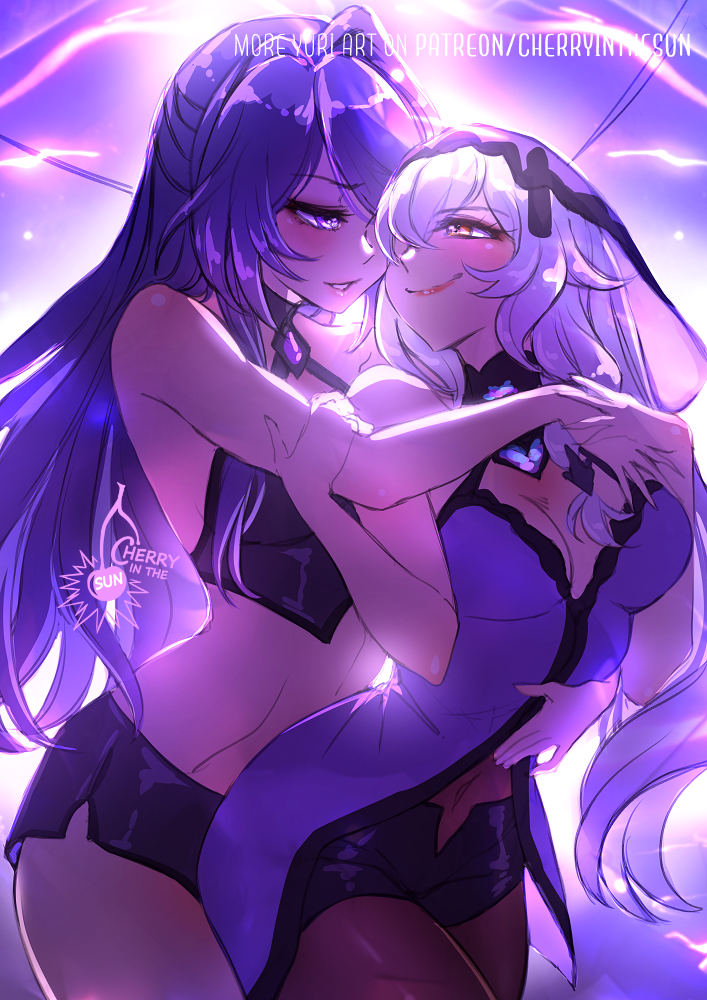 2girls acheron_(honkai:_star_rail) bare_shoulders black_choker black_shorts black_swan_(honkai:_star_rail) breasts cherry_in_the_sun choker cleavage dress hair_over_one_eye hair_spread_out holding honkai:_star_rail honkai_(series) large_breasts long_hair midriff multicolored_hair multiple_girls navel purple_dress purple_eyes purple_hair purple_veil shorts smile streaked_hair veil very_long_hair yellow_eyes yuri