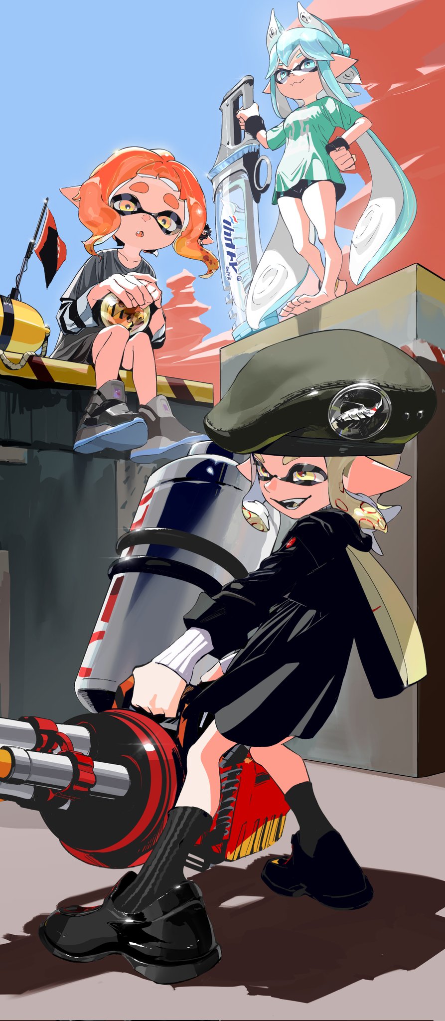 3girls barefoot beret black_jacket black_shorts blonde_hair blue_eyes blue_hair blue_shirt closed_mouth colored_tongue decavitator_(splatoon) earclip fangs full_body golden_egg_(splatoon) gradient_eyes green_hat grey_footwear grey_shirt grey_socks hand_on_own_hip hat highres holding holding_weapon hydra_splatling_(splatoon) ink_tank_(splatoon) inkling inkling_girl inkling_player_character jacket lantern_madoyoi layered_sleeves lifebuoy long_hair long_sleeves multicolored_eyes multiple_girls nintendo open_mouth orange_eyes orange_hair outdoors pointy_ears shirt short_hair short_over_long_sleeves short_sleeves shorts sidelocks sitting skin_fangs smile socks splatoon_(series) standing sweater swim_ring t-shirt tentacle_hair thick_eyebrows twintails two-tone_eyes very_long_hair weapon white_sweater wristband yellow_eyes yellow_tongue