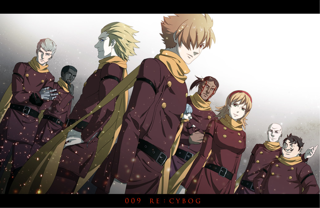 009_re:cyborg 10s 1girl 6+boys albert_heinrich bad_id bad_pixiv_id blonde_hair brown_hair chang_changku cyborg cyborg_009 dark-skinned_male dark_skin facial_hair francoise_arnoul geronimo_jr great_britain hair_over_one_eye hairband ivan_whisky jet_link letterboxed multiple_boys mustache natuichi-7212 pyunma scarf shimamura_joe short_hair