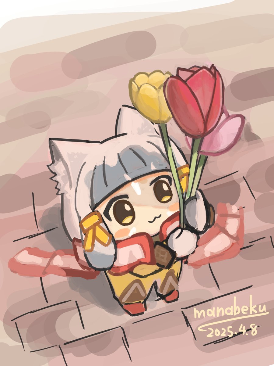 1girl :3 blush_stickers bodysuit brown_eyes chibi closed_mouth commentary_request dated flower full_body gloves grey_hair highres holding holding_flower manabeku mini_person minigirl nia_(xenoblade) pink_flower red_flower signature solo standing white_gloves xenoblade_chronicles_(series) xenoblade_chronicles_2 yellow_bodysuit yellow_flower