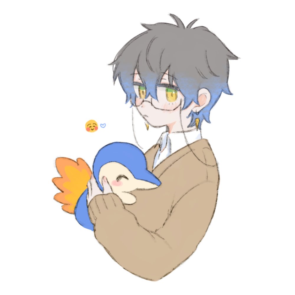 1boy blue_hair brown_sweater closed_mouth collared_shirt cropped_torso cyndaquil earrings emoji eyewear_strap frown game_freak gen_2_pokemon glasses gradient_hair green_eyes grey_hair hair_between_eyes holding holding_pokemon ike_eveland jewelry long_sleeves looking_at_viewer male_focus meat_(1229) multicolored_hair nijisanji nijisanji_en nintendo pokemon pokemon_(creature) shirt simple_background solo sweater upper_body virtual_youtuber white_background white_shirt yellow_eyes
