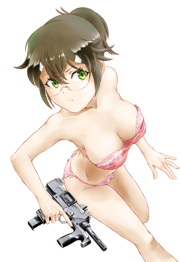 10s 1girl bandeau bra breasts brown_hair downblouse female_focus from_above glasses green_eyes koganuma_minori looking_at_viewer marutaya medium_breasts outbreak_company panties pink_bra pink_panties ponytail short_ponytail solo strapless strapless_bra trigger_discipline underwear weapon white_background