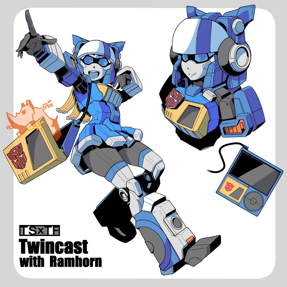 1girl :d autobot bag blue_eyes cd_player genderswap genderswap_(mtf) hologram humanoid_robot index_finger_raised kamizono_(spookyhouse) lion mecha_musume open_mouth ramhorn robot skirt smile speaker transformers twincast wire