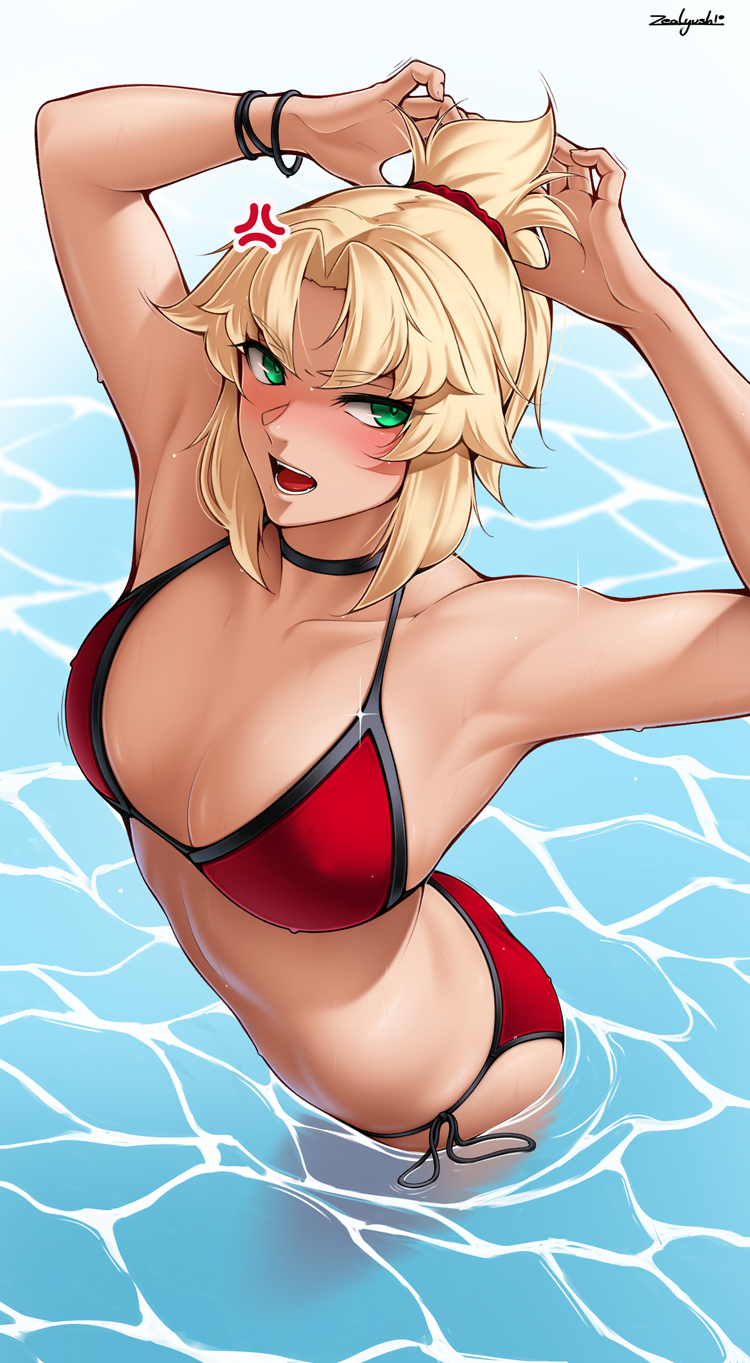1girl anger_vein angry arms_up bikini black_choker blonde_hair breasts choker cleavage cowboy_shot fate/grand_order fate_(series) green_eyes hair_ornament hair_scrunchie highres in_water large_breasts long_hair looking_at_viewer mordred_(fate) mordred_(swimsuit_rider)_(fate) multiple_wristbands open_mouth parted_bangs ponytail red_bikini red_scrunchie scrunchie side-tie_bikini_bottom sidelocks signature solo standing swimsuit water wet wristband zealyush