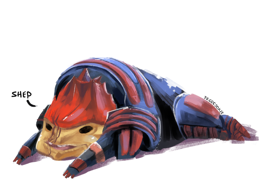 1boy armor chibi jesscookie krogan lying male_focus mass_effect_(series) mass_effect_1 on_stomach power_armor scar simple_background solo urdnot_wrex white_background