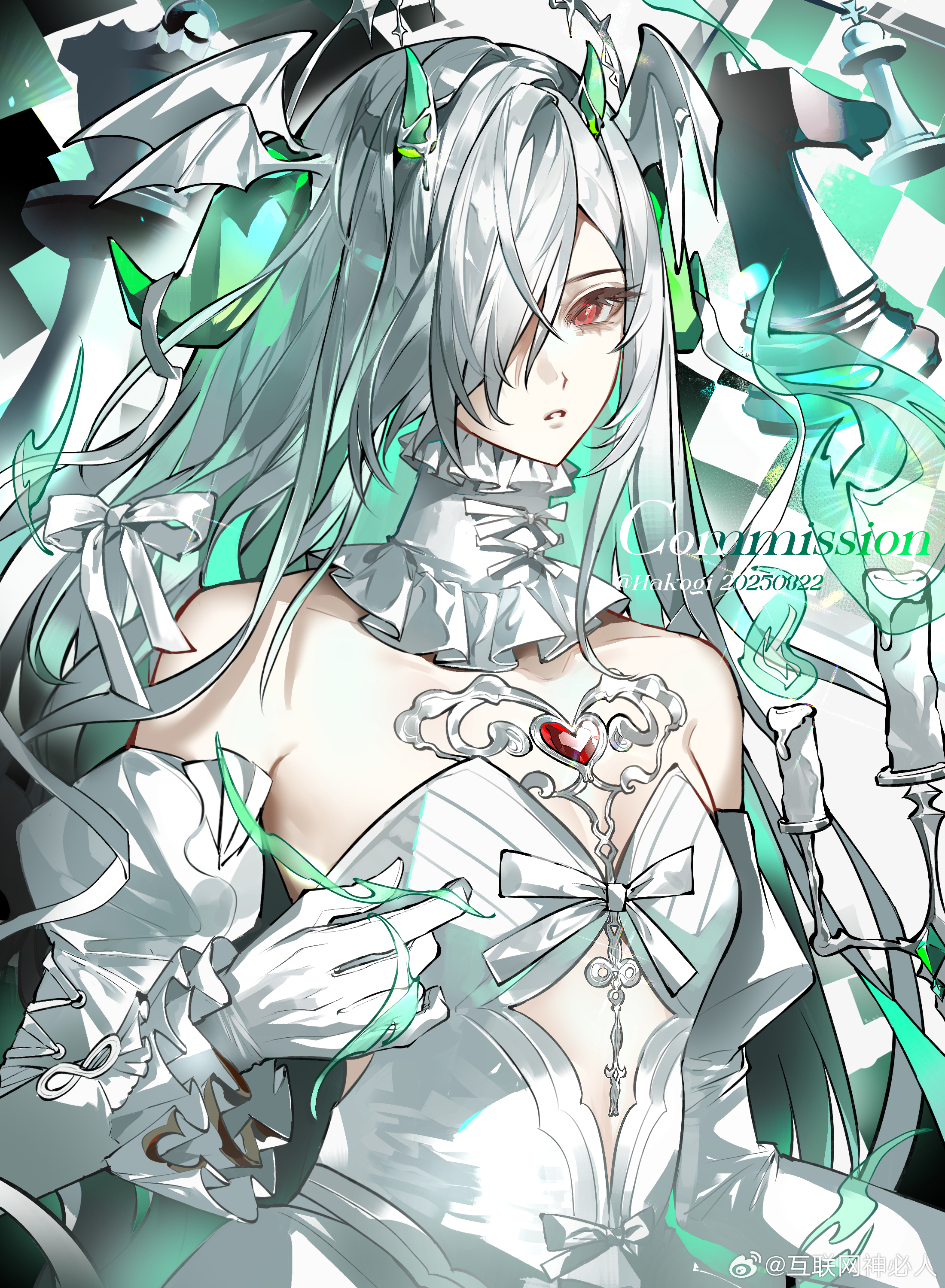absurdres bare_shoulders bat_wings board_game chess gloves green_anklet hair_knot highres jewelry original red_eyes sliver weibo_7613854186 white_gloves white_hair wings
