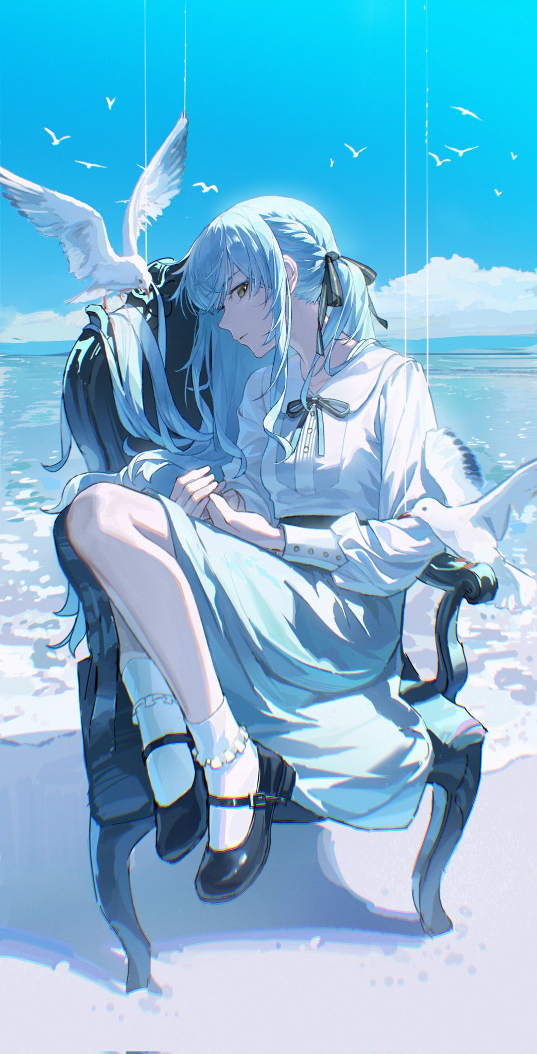 1girl ankle_socks armchair bang_dream! bang_dream!_it&#039;s_mygo!!!!! beach bird black_ribbon black_shoes blue_hair blue_skirt blue_sky buttons chair chromatic_aberration cloud collarbone corrupted_twitter_file day facing_to_the_side flock frilled_socks frills from_side full_body grey_eyes hair_ribbon hands_on_own_legs highres knees_up legs_together lettereast long_hair long_sidelocks long_sleeves looking_at_viewer mary_janes medium_skirt neck_ribbon ocean on_chair one_side_up outdoors parted_lips profile puffy_long_sleeves puffy_sleeves ribbon rounded_collar sand seagull shirt shoes shore sidelighting sidelocks sideways_glance sideways_sitting_pose_(han-0v0) single_sidelock sitting sitting_sideways skirt sky socks solo sparkle togawa_sakiko very_long_hair white_shirt white_socks