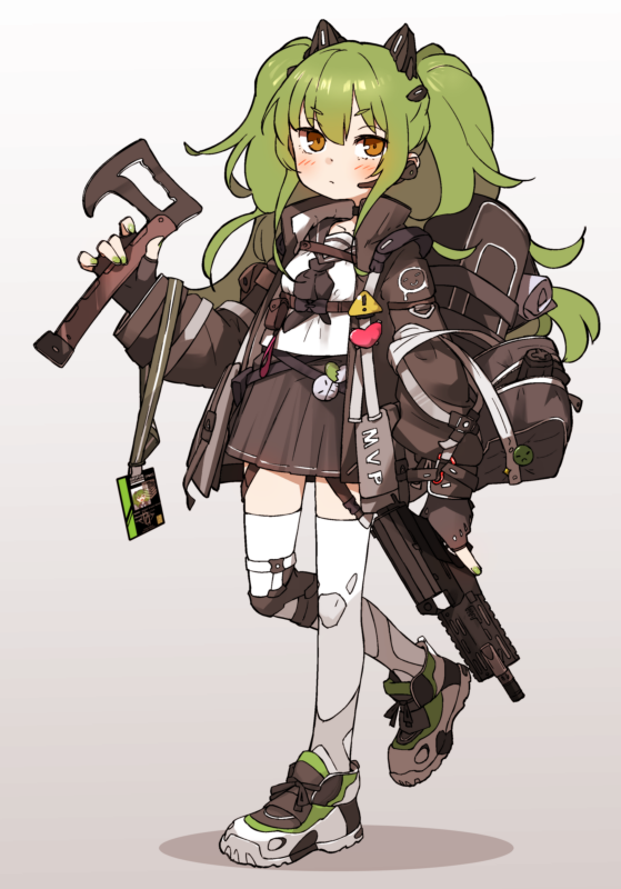 1girl amonitto asymmetrical_dual_wielding axe backpack bag black_coat black_gloves black_necktie black_skirt blush breasts calico_m950 calico_m950a chest_harness closed_mouth coat dual_wielding earpiece fingerless_gloves full_body girls&#039;_frontline gloves green_hair gun handgun harness helical_magazine high-capacity_magazine holding holding_axe holding_gun holding_weapon id_card knee_pads long_hair looking_at_viewer m950a_(girls&#039;_frontline) necktie open_clothes open_coat orange_eyes pistol pouch sailor_collar school_bag shirt shoes single_knee_pad skirt small_breasts sneakers solo submachine_gun thighhighs torn_clothes torn_thighhighs trigger_discipline walking weapon white_shirt white_thighhighs
