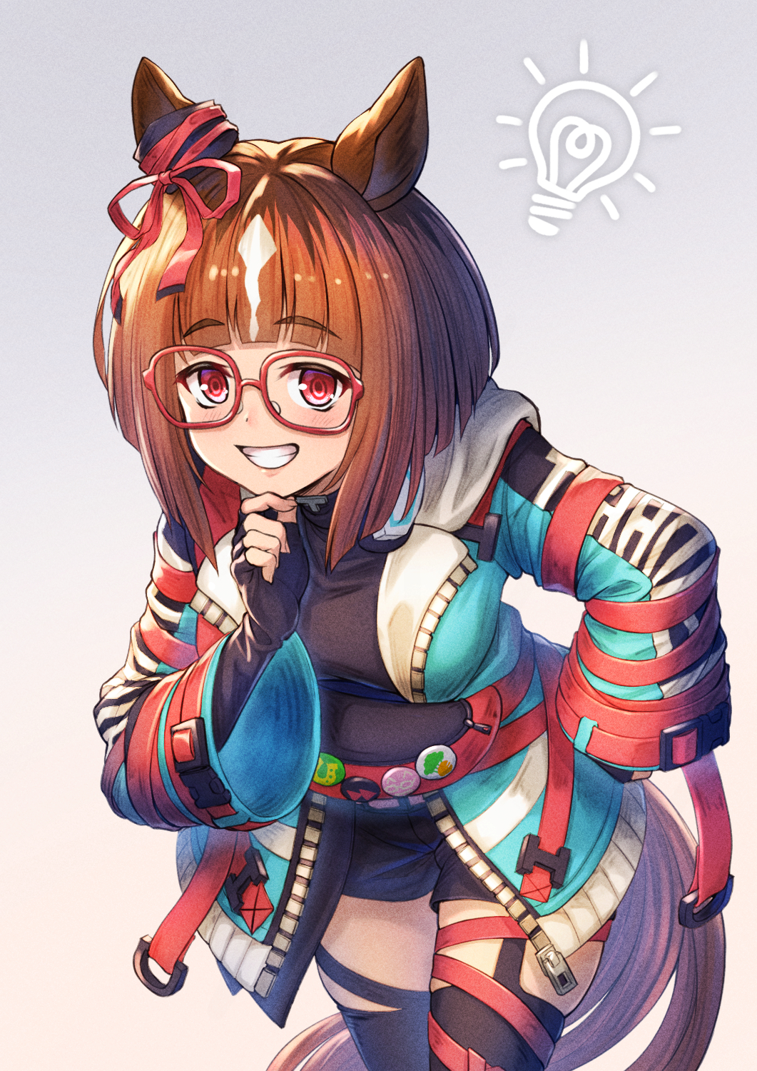 1girl animal_ears badge belt black_gloves black_shirt black_shorts black_thighhighs blue_jacket blush bow breasts brown_hair button_badge commentary_request cowboy_shot ear_ribbon fingerless_gloves garter_straps glasses gloves grey_background grin hand_on_own_chin highres hood hood_down hooded_jacket jacket large_breasts leaning_forward light_bulb long_sleeves looking_at_viewer open_clothes open_jacket red-framed_eyewear red_belt red_eyes red_ribbon ribbon shirt short_hair shorts sidelocks smile solo stroking_own_chin thighhighs transcend_(umamusume) umamusume wide_sleeves yakkuro