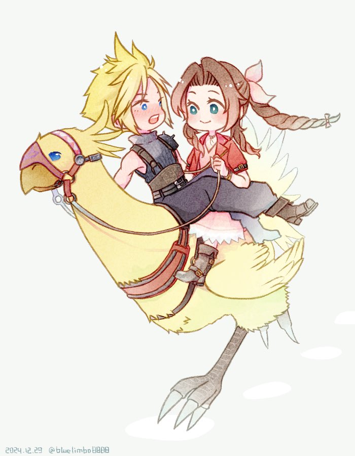 1boy 1girl aerith_gainsborough armor baggy_pants belt bird blonde_hair blue_eyes bluelimbo8888 blush boots braid braided_ponytail brown_belt brown_footwear brown_hair chibi chocobo choker closed_mouth cloud_strife couple dated dress final_fantasy final_fantasy_vii final_fantasy_vii_rebirth final_fantasy_vii_remake flower_choker full_body green_eyes hair_ribbon holding holding_reins jacket long_dress long_hair looking_at_another multiple_belts open_mouth pants parted_bangs pink_dress pink_ribbon red_jacket reins ribbon riding riding_bird short_hair short_sleeves shoulder_armor sidelocks single_bare_shoulder single_braid single_shoulder_pad smile spiked_hair twitter_username