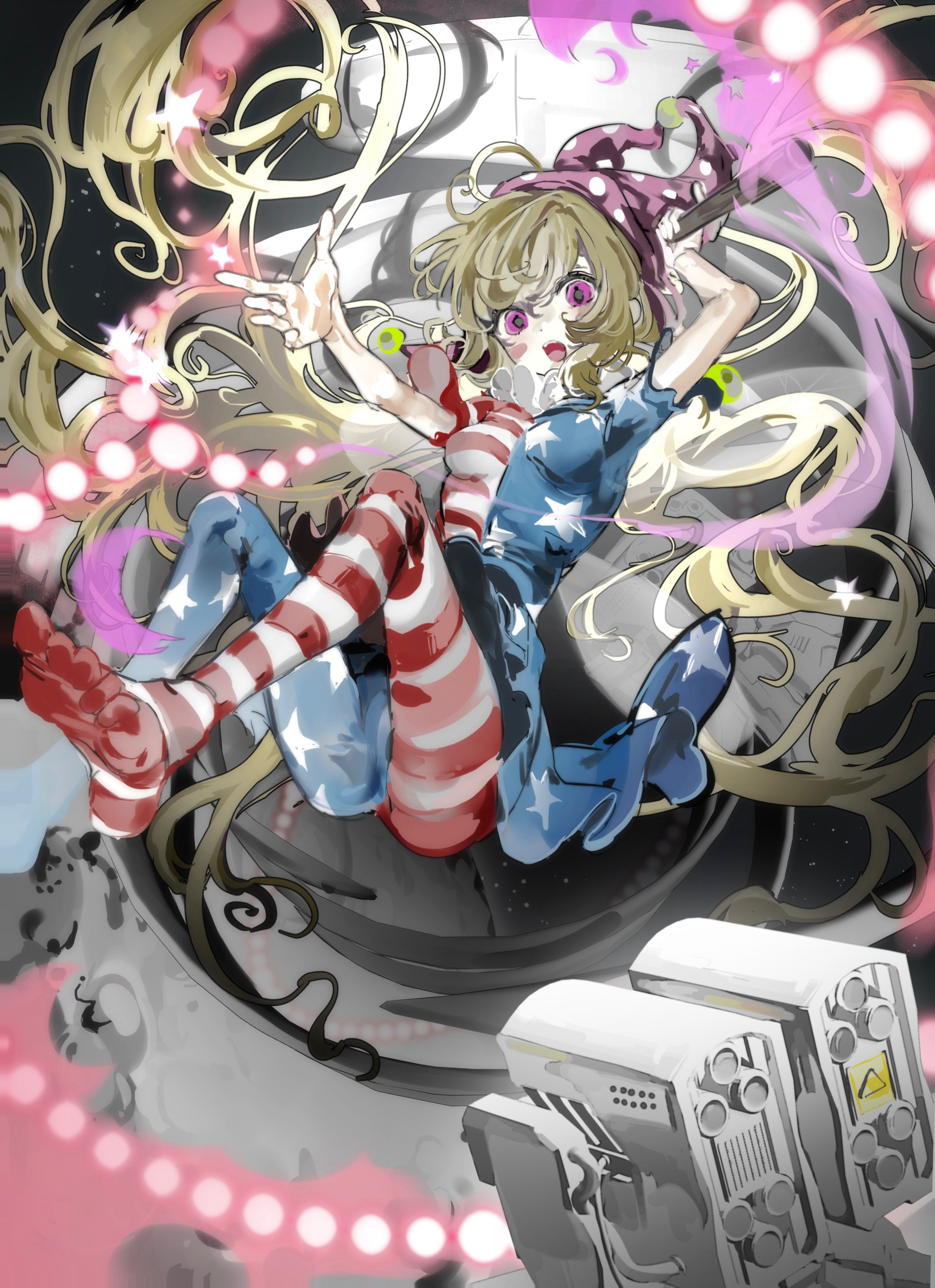 1girl absurdres american_flag american_flag_dress american_flag_legwear american_flag_print blonde_hair blush breasts clownpiece danmaku dress fairy_wings flag_print floating_hair full_body hat highres holding holding_torch jester_cap long_hair looking_at_viewer moon neck_ruff open_mouth pantyhose polka_dot polka_dot_headwear purple_eyes purple_hat revision sesmkun shirt short_sleeves solo space star_(sky) star_(symbol) star_print striped_clothes teeth torch touhou upper_teeth_only very_long_hair wings