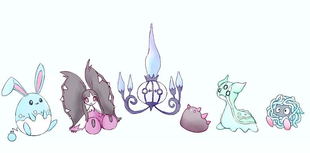 azumarill black_eyes blue_skin chandelure colored_skin facial_mark fire fireblast floating forehead_mark gastrodon gastrodon_(east) gen_1_pokemon gen_2_pokemon gen_3_pokemon gen_4_pokemon gen_5_pokemon gen_7_pokemon mawile mega_mawile mega_pokemon nintendo pokemon pokemon_(creature) purple_fire pyukumuku red_eyes sharp_teeth simple_background sitting spikes tail tangela teeth white_background yellow_eyes