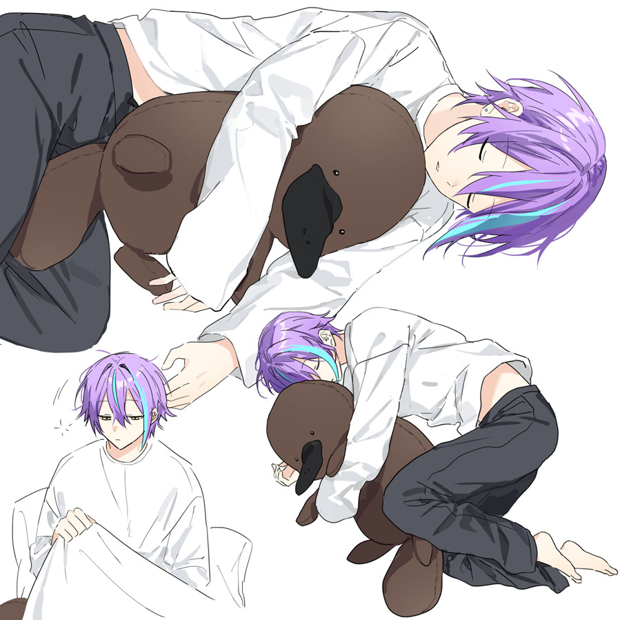 1boy aqua_hair barefoot blanket closed_eyes closed_mouth commentary earrings full_body grey_pants hair_between_eyes hk_(wgyz7222) jewelry kamishiro_rui long_sleeves male_focus midriff_peek multicolored_hair hugging_object pants platypus project_sekai purple_hair shirt shoes simple_background sleeping streaked_hair stuffed_platypus two-tone_hair white_background white_shirt yellow_eyes