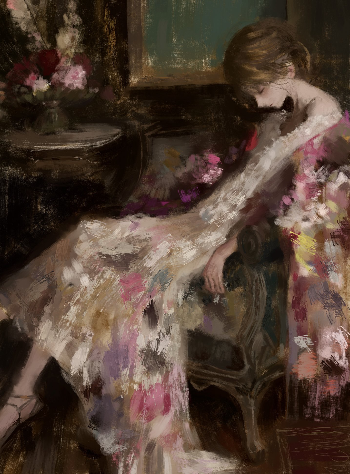 1girl brown_hair chair closed_eyes closed_mouth copyright_request dress expressionless flower fuyumurasaki highres mirror multicolored_dress painterly pink_flower portrait_(object) sitting solo