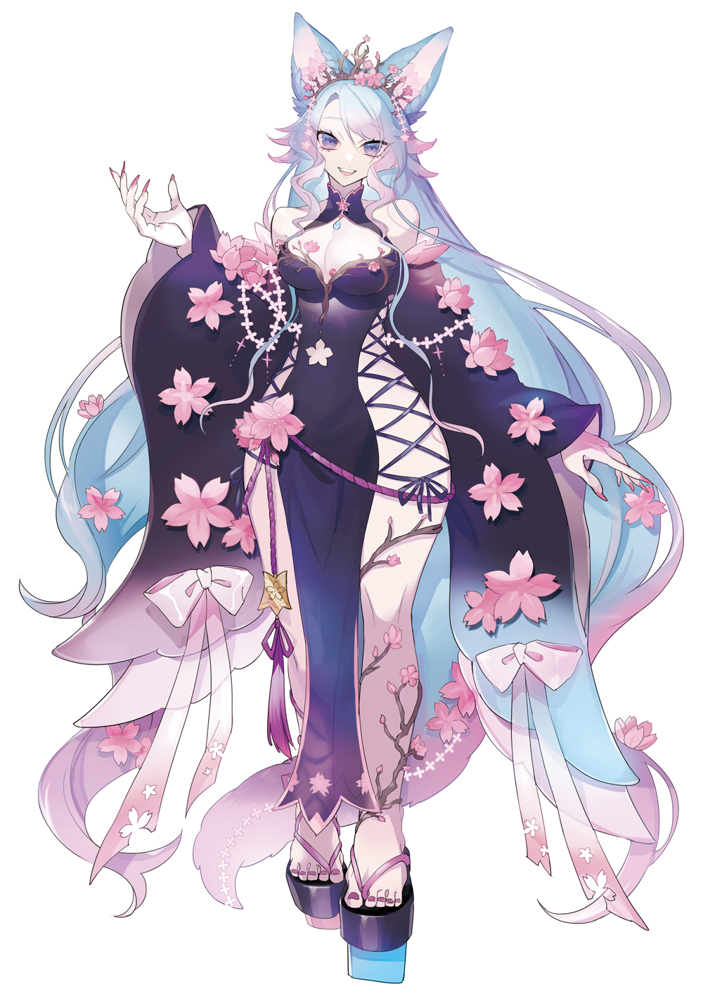 1girl animal_ear_fluff animal_ears bare_legs blue_eyes blue_hair breasts cleavage flower full_body gradient_hair hair_flower hair_ornament highres indie_virtual_youtuber japanese_clothes large_breasts long_hair looking_at_viewer multicolored_hair pink_hair puppeteer7777 sandals silvervale smile solo tail thighhighs virtual_youtuber wolf_ears wolf_girl wolf_tail