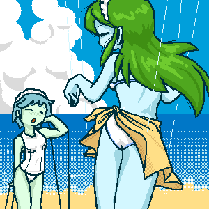 2girls aliasing beach blue_hair blue_skin cloud colored_skin corpse closed_eyes futaba_channel green_hair green_skin itai-san_(corpse) itai_(corpse) lowres maid maid_headdress multiple_girls nijiura_maids ocean shitai short_hair sky swimsuit umisensha