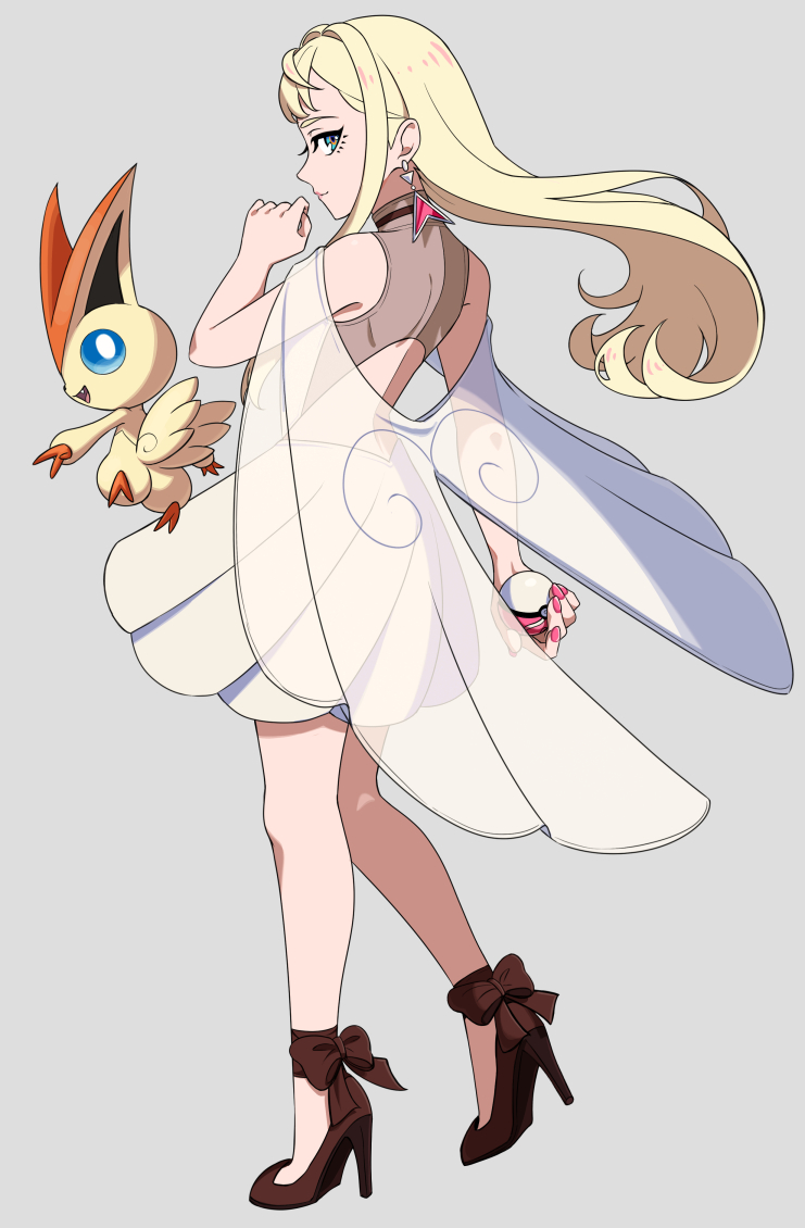 1girl adapted_costume ankle_bow ankle_ribbon backless_dress backless_outfit bare_shoulders blonde_hair blue_eyes bow brown_bow brown_shoes closed_mouth crossover dress earrings enelous from_side full_body gen_5_pokemon gigi_andalusia grey_background gundam gundam_hathaway&#039;s_flash hand_up high_collar high_heels holding holding_poke_ball jewelry leg_ribbon legendary_pokemon lipstick long_hair looking_at_viewer looking_back looking_to_the_side love_ball makeup multicolored_eyes mythical_pokemon nintendo pink_eyes pink_lips poke_ball pokemon pokemon_(creature) ribbon shoes sidelocks simple_background sleeveless sleeveless_dress smile solo standing two-tone_eyes victini white_dress