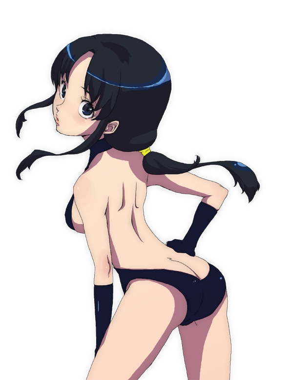 1girl ass bare_back black_hair bow breasts butt_crack female_focus german_yajirobee gloves gym_leader hair_bow hand_on_own_hip hip_focus legs lily_(pokemon) lily_(pokemon_classic_anime) lips long_hair looking_at_viewer looking_back nintendo one-piece_swimsuit pokemon pokemon:_the_electric_tale_of_pikachu ponytail sideboob simple_background small_breasts solo swimsuit white_background