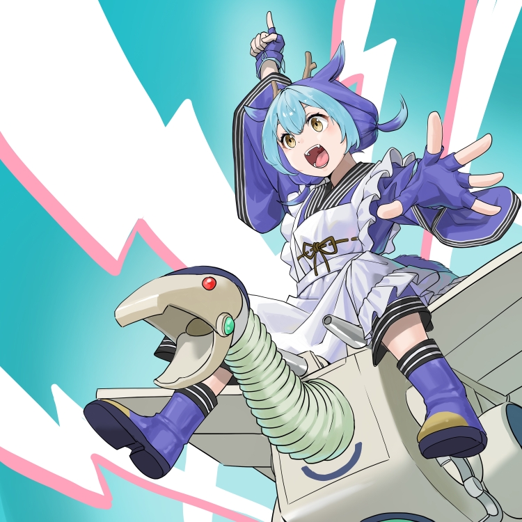 1girl animal_ears appliancer_laundry_dragon apron blue_boots blue_gloves blue_hair boots commentary dragon_ears dragon_girl dragon_horns duel_monster fingerless_gloves frilled_apron frills gloves horns laundry_dragonmaid light_blue_hair lightning_background looking_ahead lu_6_mie maid maid_apron mecha non-humanoid_robot open_mouth pointing pointing_up riding robot robot_dragon solo wa_maid white_apron wide_sleeves yellow_eyes yu-gi-oh!