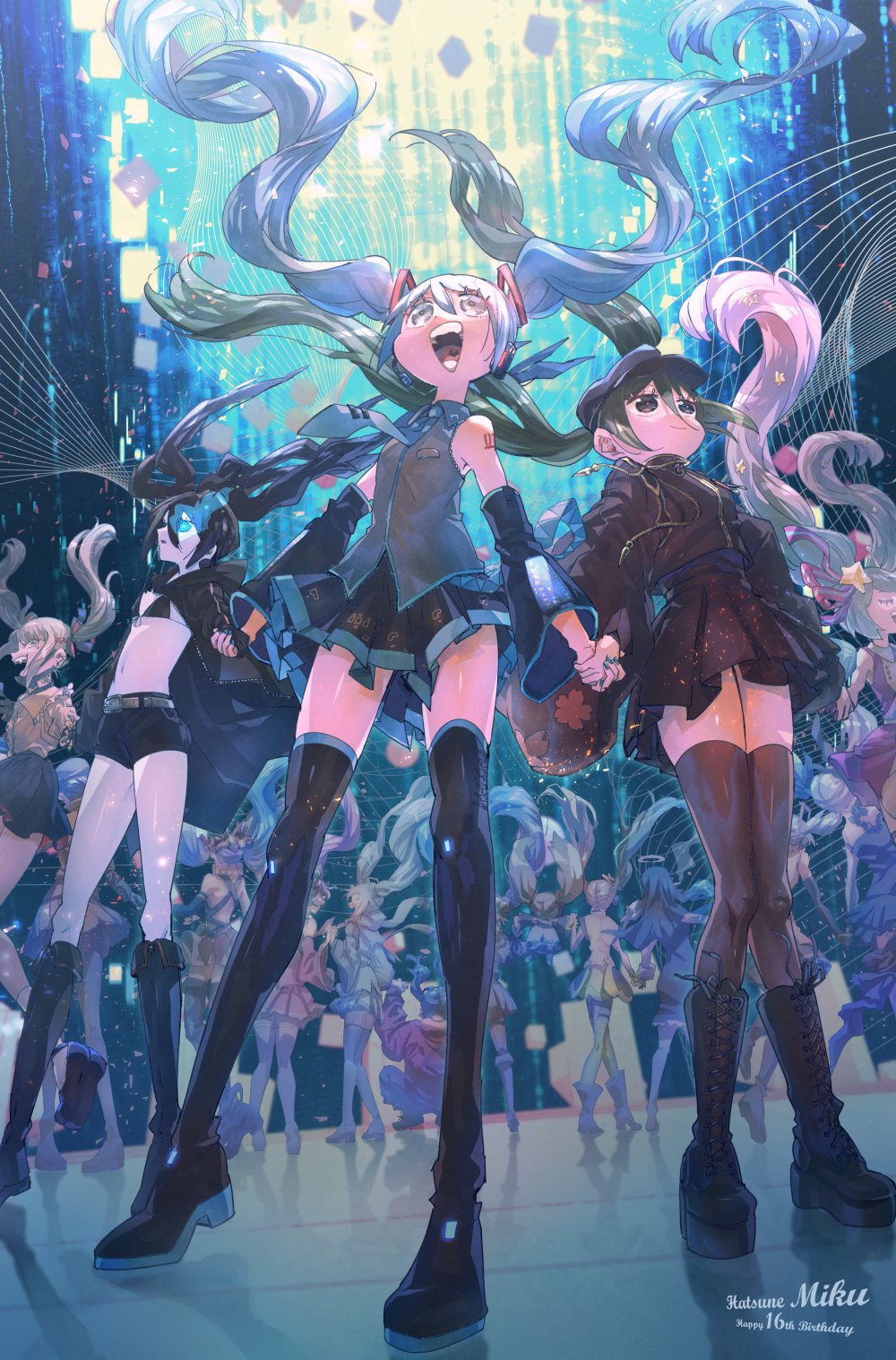 6+girls anniversary aqua_hair bikini black_hair black_rock_shooter black_rock_shooter_(character) character_name detached_sleeves front-tie_bikini_top front-tie_top glowing glowing_eye green_hair hachune_miku halo happy_birthday hatsune_miku hatsune_miku_(ichi_no_sakura_oka) highres holding_hands jacket kamippoina_(vocaloid) korokoro_daigorou magical_mirai_(vocaloid) magical_mirai_miku magical_mirai_miku_(2019) magical_mirai_miku_(2022) multiple_girls multiple_persona open_clothes open_jacket open_mouth pink_hair senbonzakura_(vocaloid) shinkai_shoujo_(vocaloid) short_shorts shorts skirt smile songover swimsuit thighhighs twintails vampire_(vocaloid) vocaloid