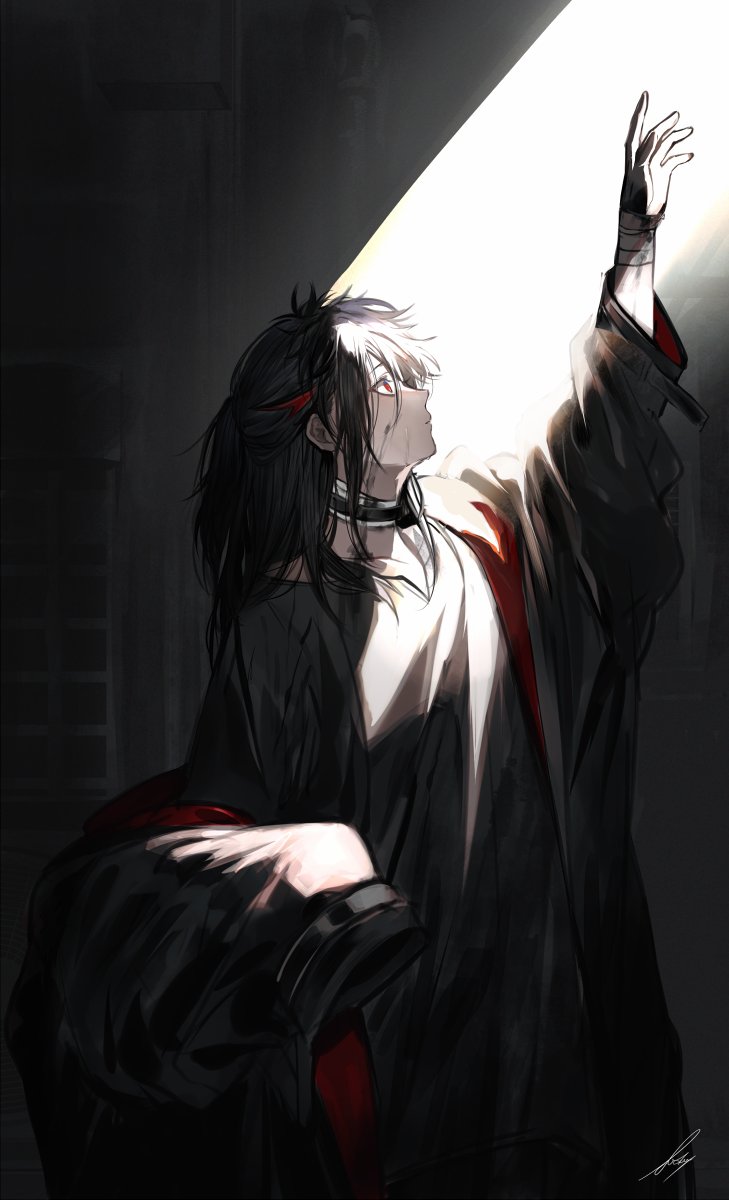 1boy alley alternate_hair_color alternate_hairstyle arm_up black_coat black_collar black_gloves black_hair black_shirt black_theme border0715 coat collar crack_of_light expressionless from_side gloves hair_between_eyes half_updo highres long_bangs long_hair long_sleeves looking_up male_focus multicolored_hair nijisanji notched_neckline open_clothes open_coat profile raincoat reaching red_coat red_eyes red_hair seraph_dazzlegarden shirt signature single_off_shoulder solo streaked_hair two-sided_coat two-sided_fabric upper_body virtual_youtuber water_drop wide-eyed